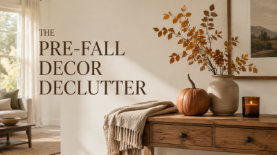 a minimally decorated table for the fall season with a pumpkin, candle and fall stems in a vase