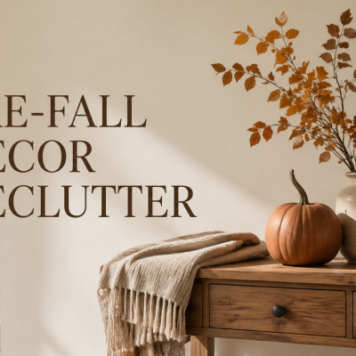 a minimally decorated table for the fall season with a pumpkin, candle and fall stems in a vase